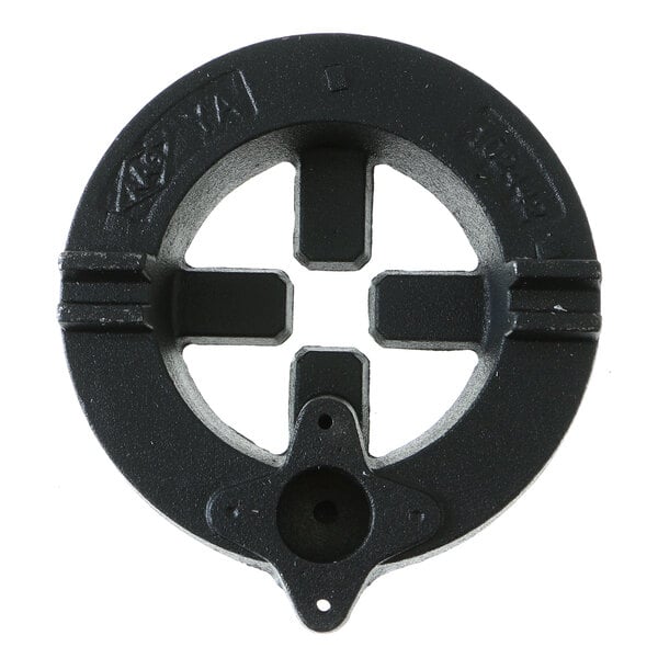 A black circular American Range lift off burner head with a cross and four holes.