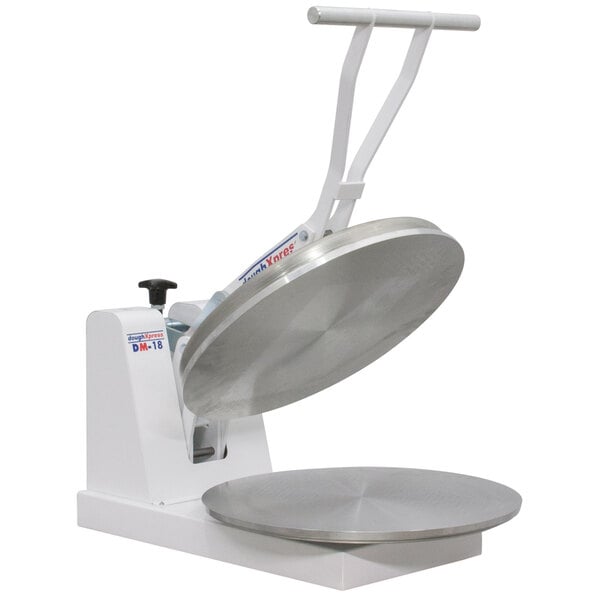 A white DoughXpress manual clamshell dough press with a round lid.