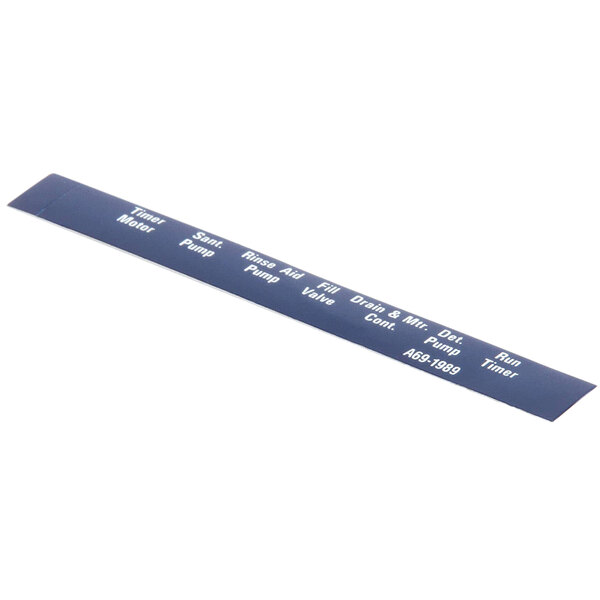 A blue rectangular decal with white text.