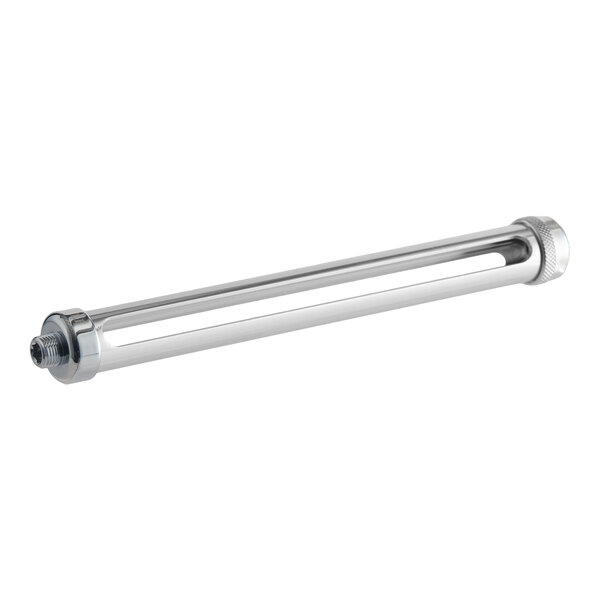 A cylindrical metal rod with threaded ends and elongated slots along its length.