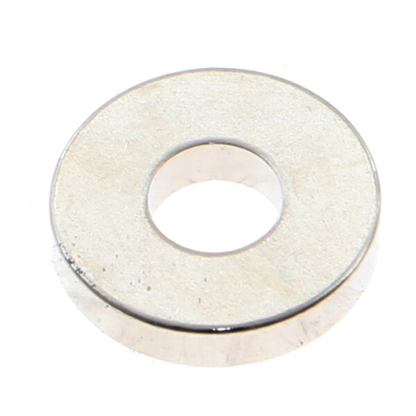 A round silver magnet with a hole in the center.