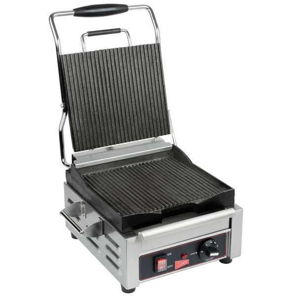 A Cecilware panini grill with grooved grill surfaces and a metal handle.