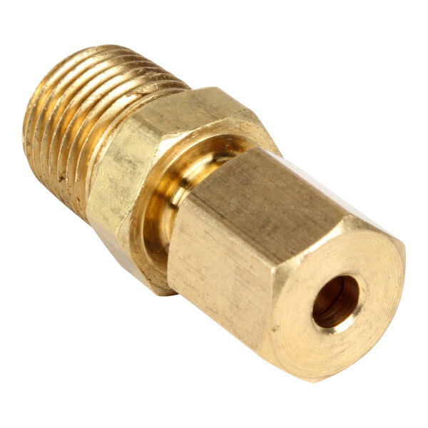 A brass Frymaster adapter with threaded male connector.