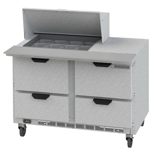 A white Beverage-Air refrigerated sandwich prep table with drawers.