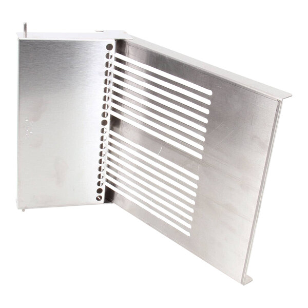 A stainless steel APW Wyott feeder assembly grill over a metal box with holes.