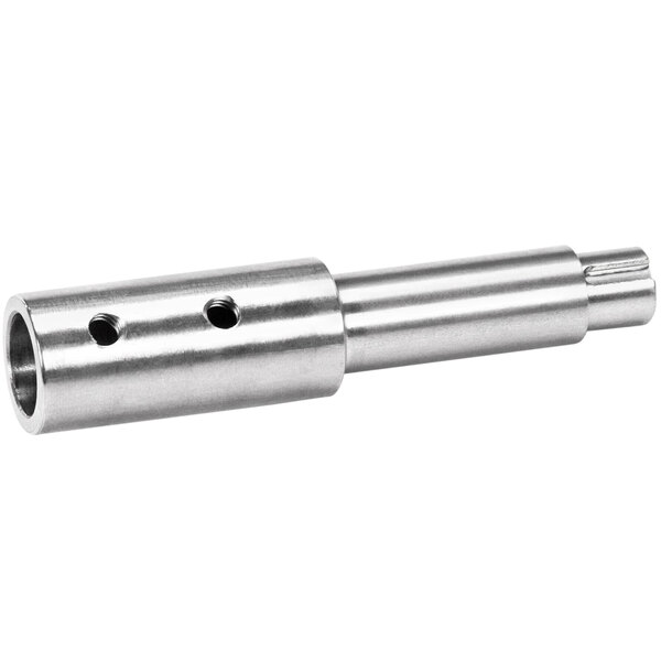 A metal cylinder with two holes on a metal rod.