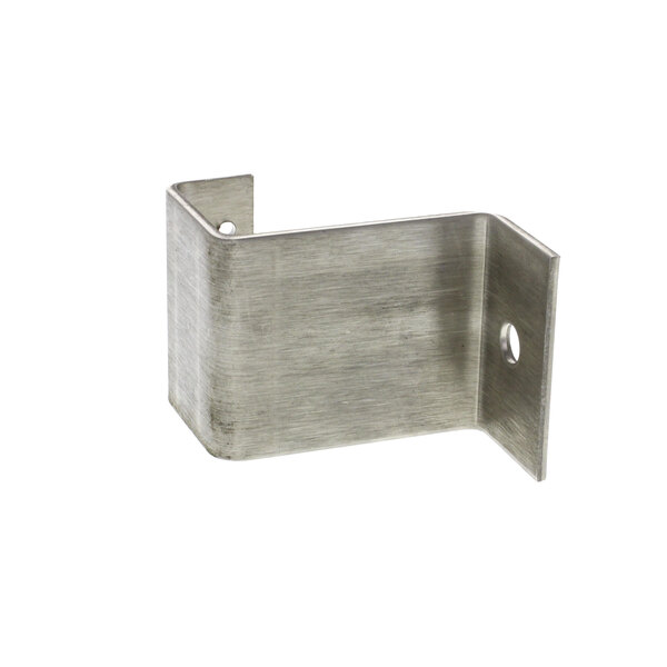 A stainless steel metal bracket with a hole in it.