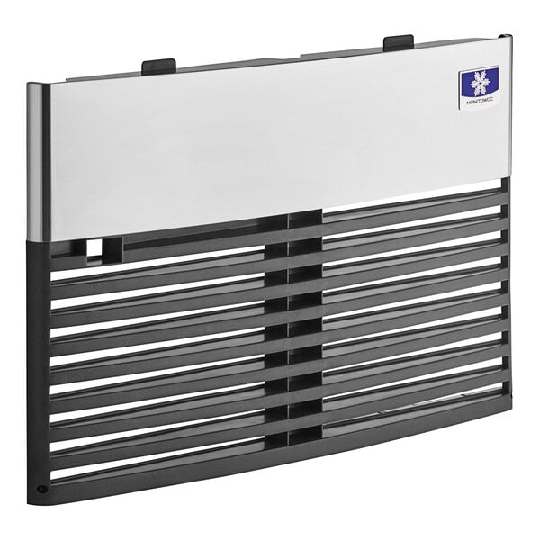 A black and silver metal front panel with a white label and blue stripe.