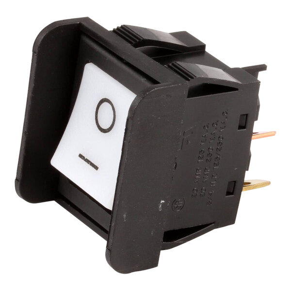 A black electrical switch with a white square on the side.