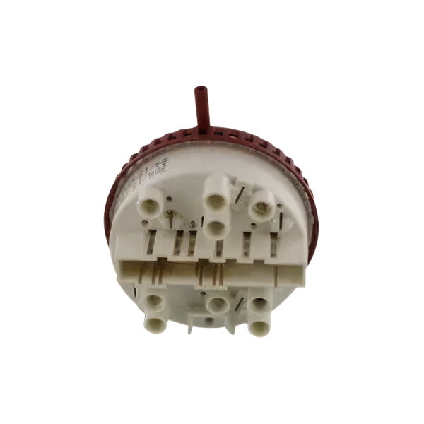 An Alliance Laundry 2-level pressure switch with red and white caps on the wires.