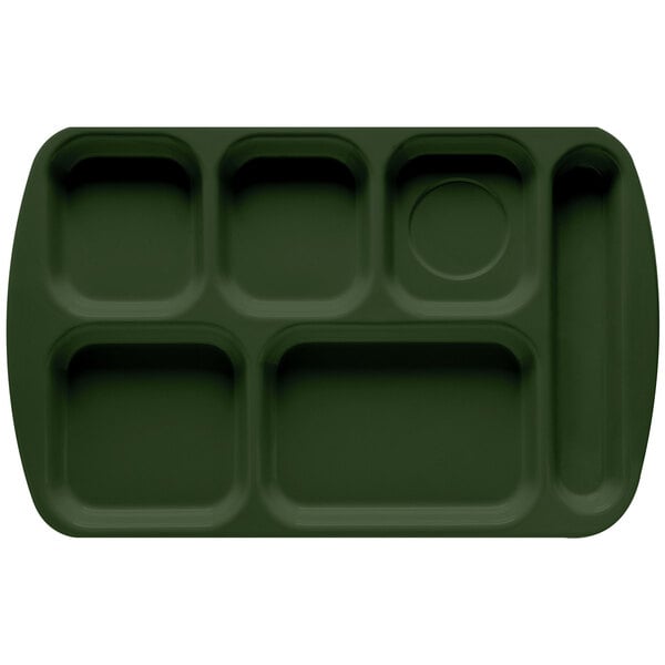 A close-up of a rectangular hunter green tray with six compartments.