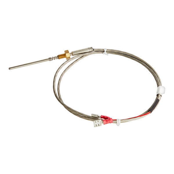 An Accutemp thermocouple with a metal cable and a red wire.