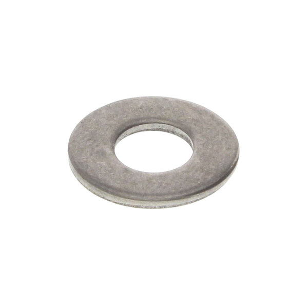 A close-up of a round metal washer.