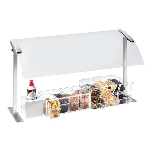 A stainless steel drop-in ice bin with a sliding lid installed in a marble countertop.