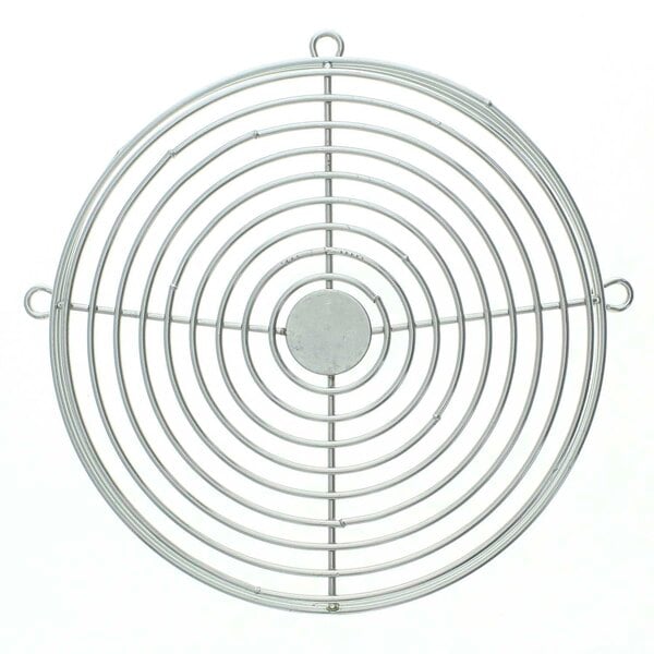 A metal circular fan guard with rings.