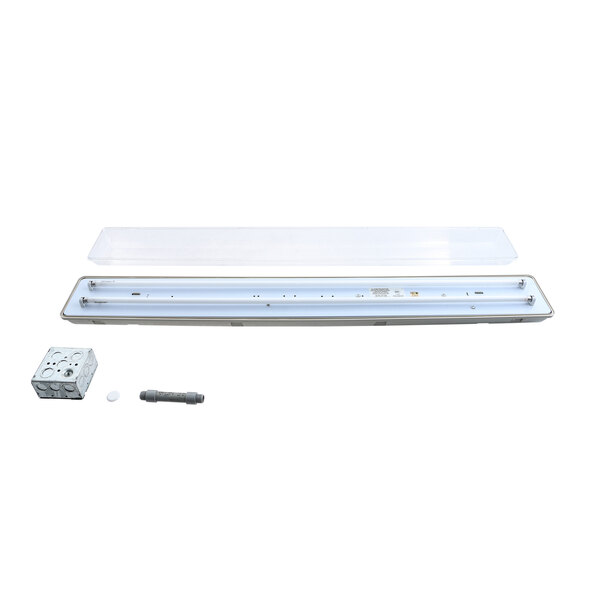 A clear Norlake vapor proof light fixture with a plastic cover.