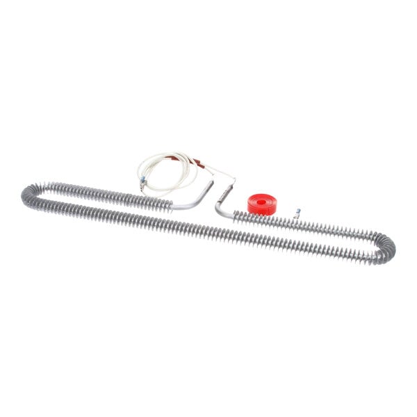 A metal strip with a red button and a red wire with a red tape.