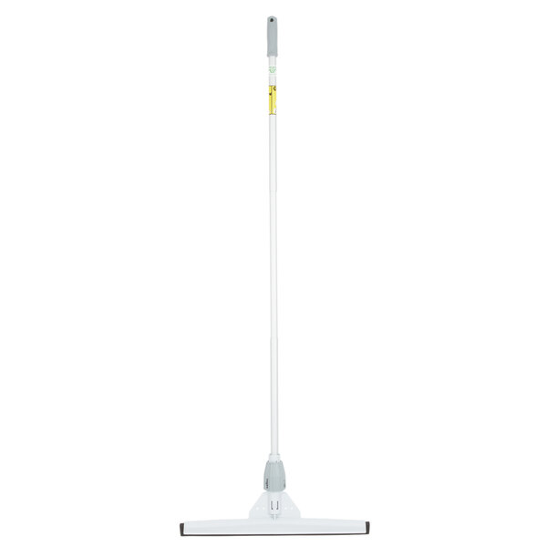 A white floor squeegee with a white pole and yellow accents.