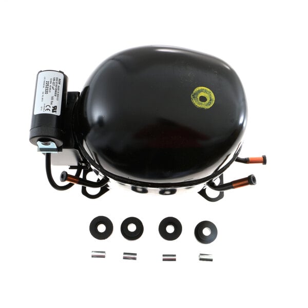A black Continental Refrigerator compressor with a yellow circle.