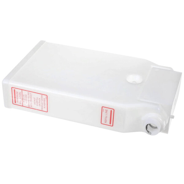 A white plastic container with a red label.