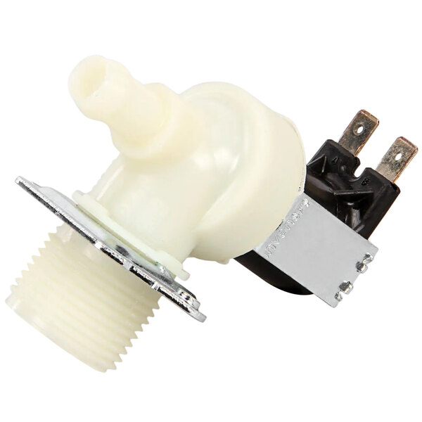 A white plastic Grindmaster-Cecilware valve inlet with a metal plate and a black plastic connector.