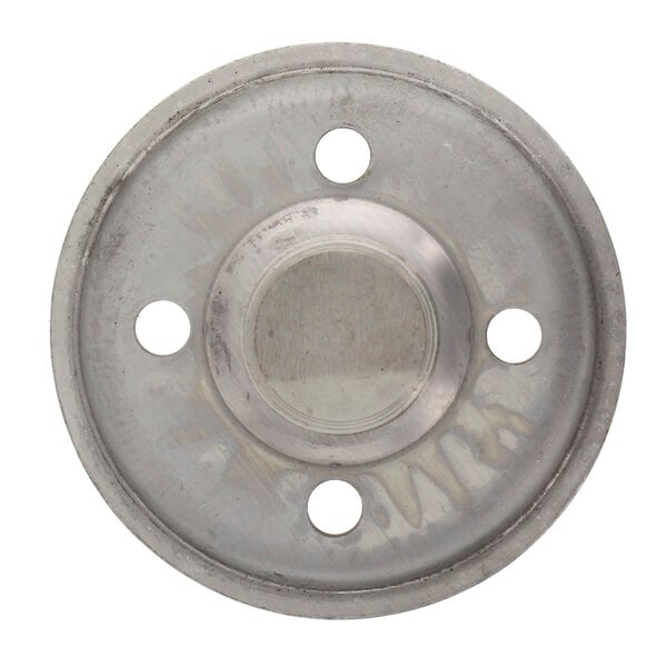 A silver circular Southbend foot flange with holes in it.