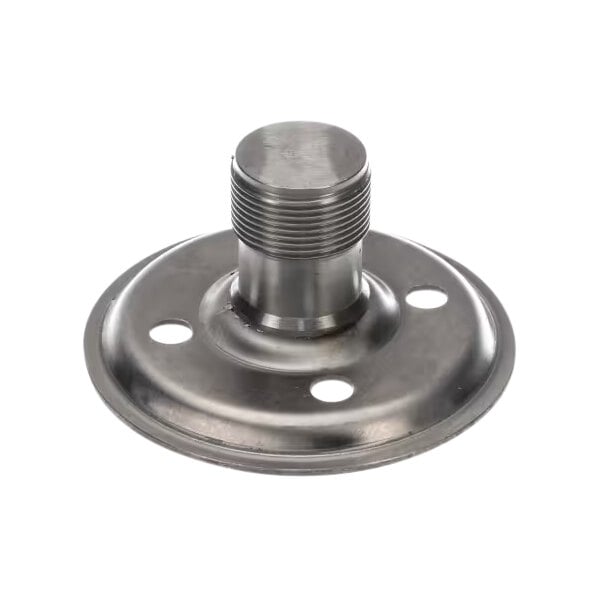 A metal adjustable leg pad assembly with a threaded stem and a round base featuring three holes.