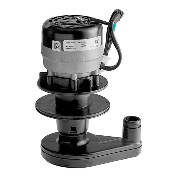 A black and white Manitowoc Ice water pump with a black hose.