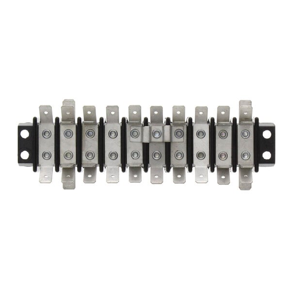 A close-up of a Grindmaster-Cecilware term block with screws on metal plates.
