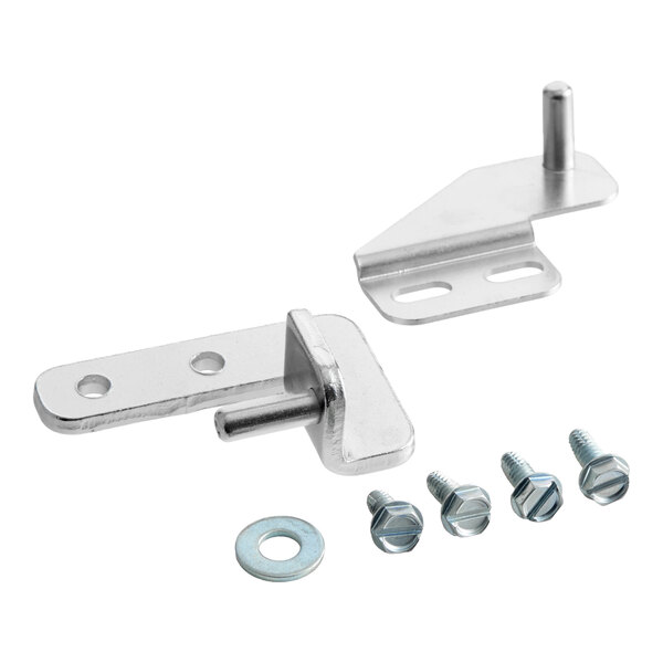 A metal door hinge kit with two hinge pieces, four screws, and a washer.