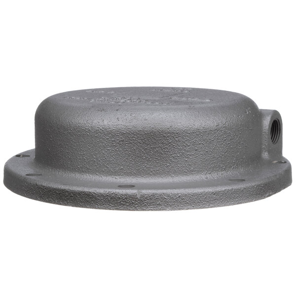 A grey metal cylinder with holes on the end.
