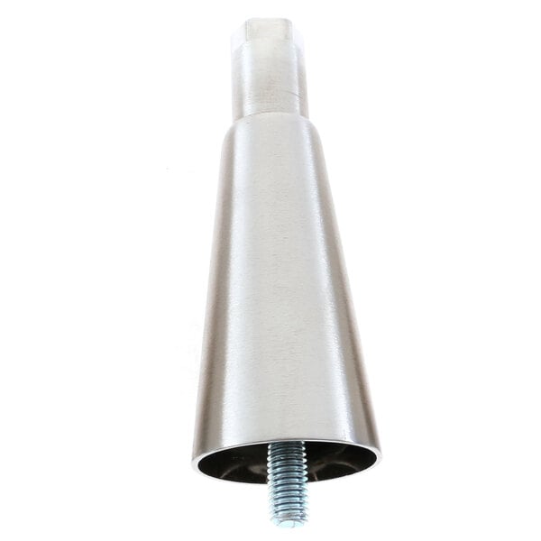 A stainless steel True Refrigeration leg with a screw on the end.