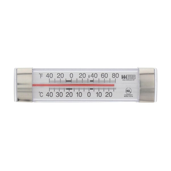 A True Refrigeration thermometer with numbers on a white background.