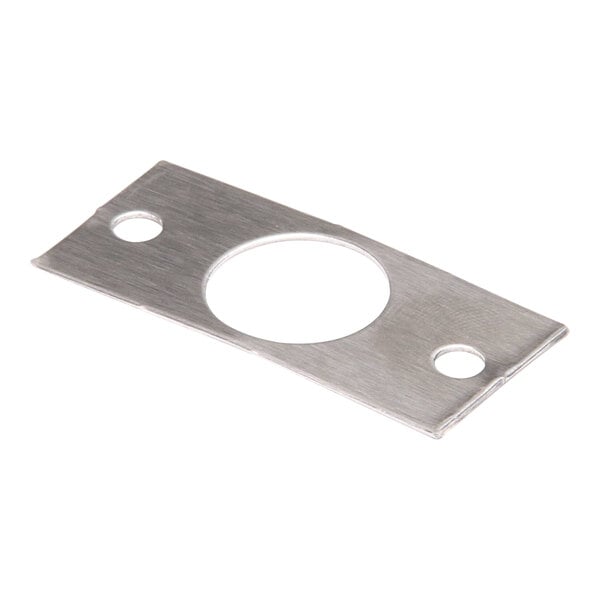 A silver stainless steel APW Wyott bearing bracket with holes.