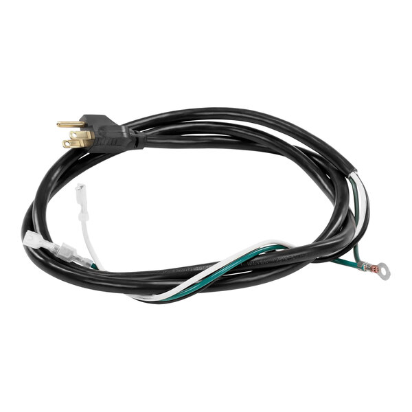 A black electrical cord with white wires and a white plug.