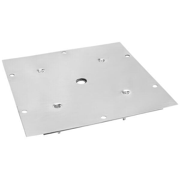 A silver square metal plate with holes.