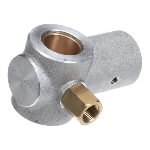 An outbore bearing with a metallic body and a brass threaded fitting.