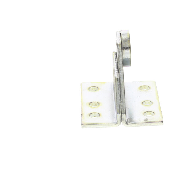 A metal Perlick bottom door hinge bracket with two holes.