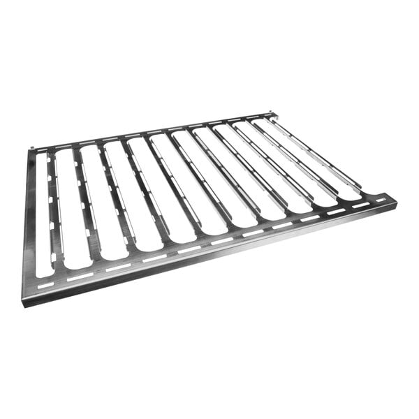 A metal Convotherm shelf rack with holes.