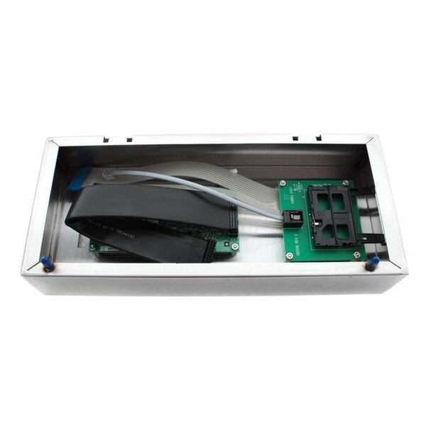 A rectangular metal box with a circuit board and wires inside.