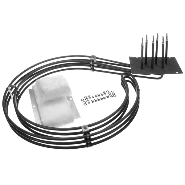 A black cable with metal connectors on one end and a metal rod on the other.