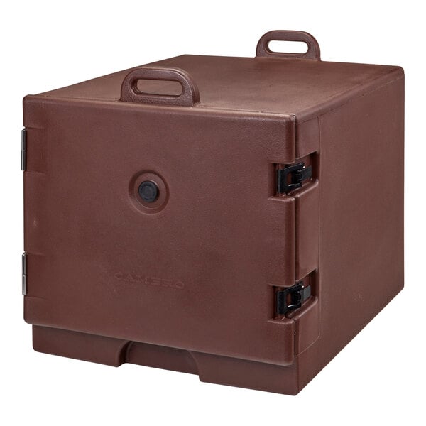 A dark brown plastic box with black handles.
