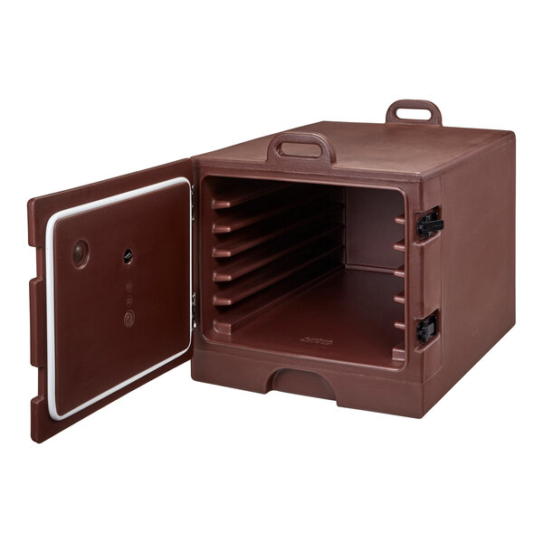 A brown plastic Cambro food container with a door open.