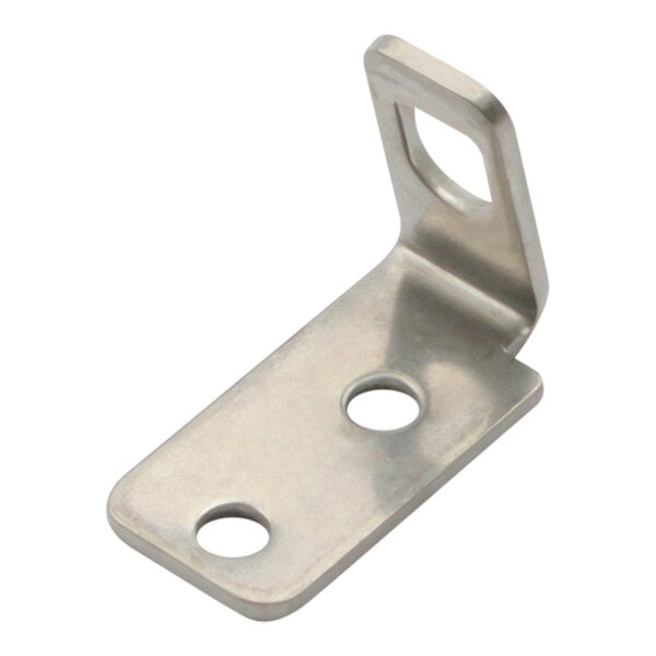 A stainless steel metal corner bracket with holes.