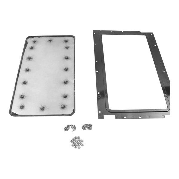 A rectangular white and black plastic frame with a white sheet with holes in it inside.