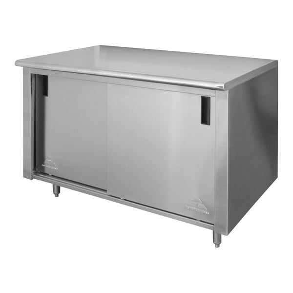 Advance Tabco CB-SS-365M 36" x 60" 14 Gauge Work Table with Cabinet Base and Mid Shelf