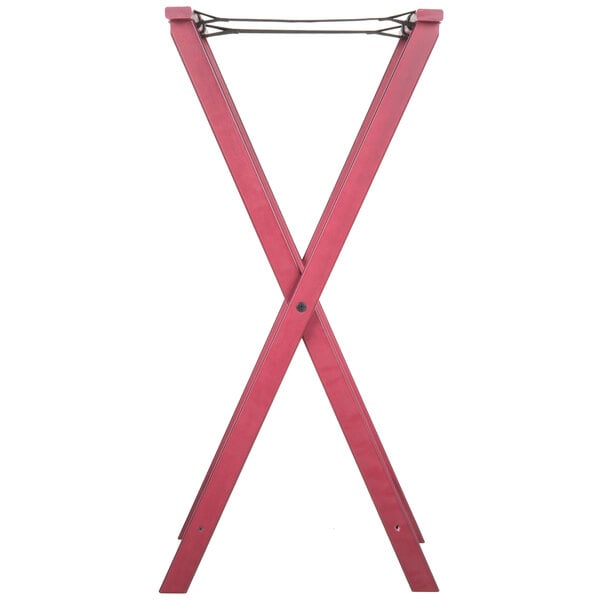 An American Metalcraft mahogany wood tray stand with an x-shaped base.