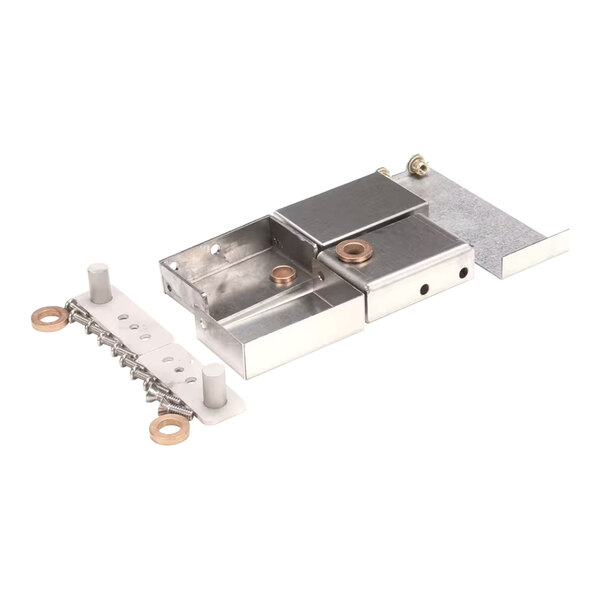 A Lang hinge kit with metal plates and screws.