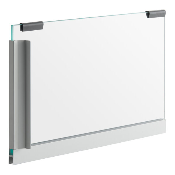 A rectangular piece of clear inner glass with metal and plastic mounting brackets on the edges.