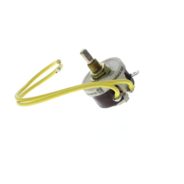 A close-up of a yellow Hatco Rheostat cable.